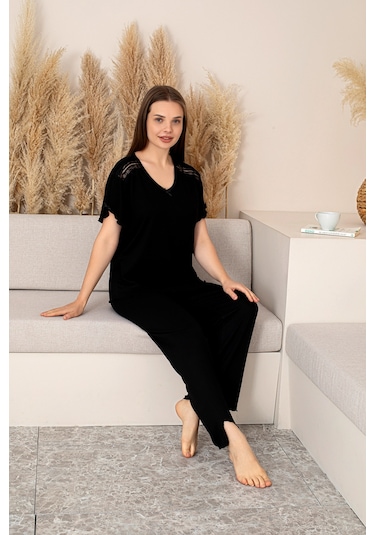 Bambu Kumaş Büyük Beden Kadın Dantelli Kısa Kollu Pijama Takımı Yumuşak, Nefes Alabilir, Şık Ve Rahat, M-5xl Bordo