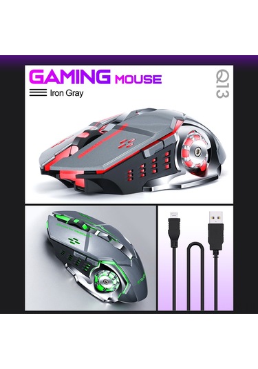 Shineyee T-wolf Q13 Şarj Edilebilir Kablosuz Mouse, 7 Renkli Işık, 3 Seviye Dpı, Sessiz Tıklama, 2.4g Stabil Aktarım, Bilgisayar/dizüstü/tablet İçin Siyah