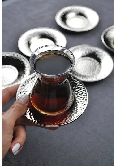 Qualitev 6 Adet Metal Çay Tabağı Dövme Desenli Çay Tabak 10 Cm Gümüş