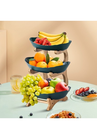 Reedark 3 Katlı Bambu Meyve Tepsisi - Çok Amaçlı Atıştırmalık Ve Pasta Sunum Standı Yeşil Koyu Yeşil