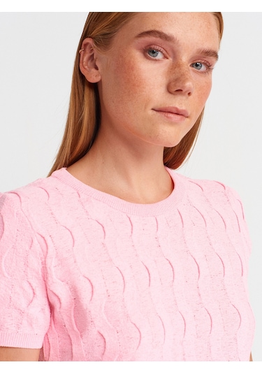 Dilvin 10788 Bisiklet Yaka Dokulu Triko Bluz-pembe Pembe