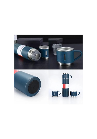 Paslanmaz Çelik Termos 500ml 3 Bardaklı Termos Seti Lacivert