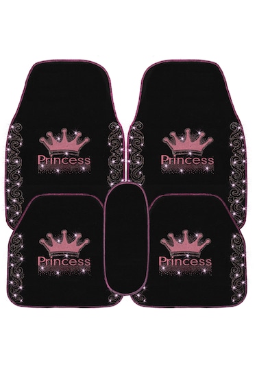 Işıltıya Hazır Ol, Bu Yol Senin Pembe Taşlı Prenses Taç Desenli 5 Li Nakışlı Oto Halı Paspas Seti