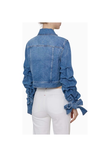 Alice And Olivia Tiff Büzgülü Kollu Kısa Denim Ceket Mavi