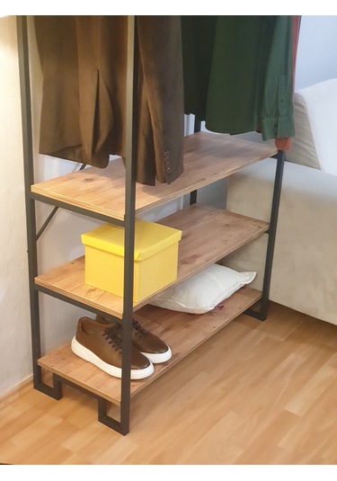 Metal Gardırop Çam Renk Ahşap Raflı Dolap Matkapsız Kolay Kurulum Siyah