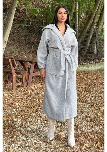 Gri Cepli, Balon Kol, Kemerli, Kalın Örgü Triko, Uzun Kaban Gri