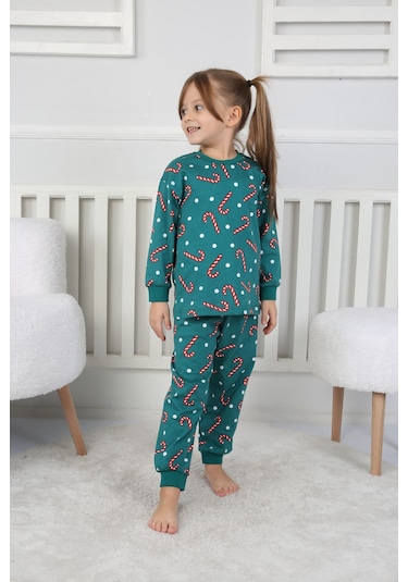 Zuzunga Yılbaşı Temalı Baston Şeker Desenli %100 Pamuk Unisex Pijama Takımı Yeşil1 Yeşil