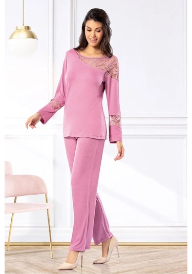 Faal 8617 Kadın Uzun Kollu Dantel Detaylı Pijama Takımı-gülkurusu GÜL KURUSU