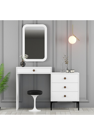 Lizbon Makyaj Masası Aynalı - Beyaz / Beyaz