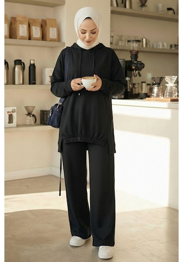 Bestenur Kapüşonlu Tunik Pantolon Takım 1682 - Siyah Siyah