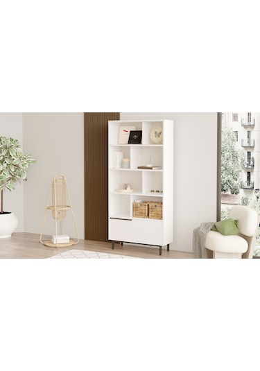 Robin Home Lidya Kitaplık Raf Metal Ayaklı 176cm Kapaklı Beyaz