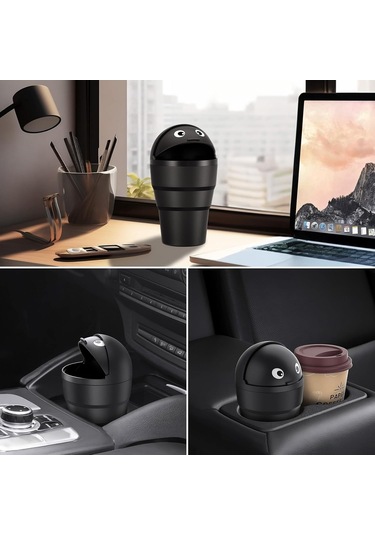 Maiyame Siyah Abs Plastik Araç Çöp Kutusu 520ml - Sızdırmaz Su Geçirmez - Basılı Kapağı İle - Mini Boyut 9.4x9.4x16.9cm - Araç/ofis/ev Kullanıma Uygun