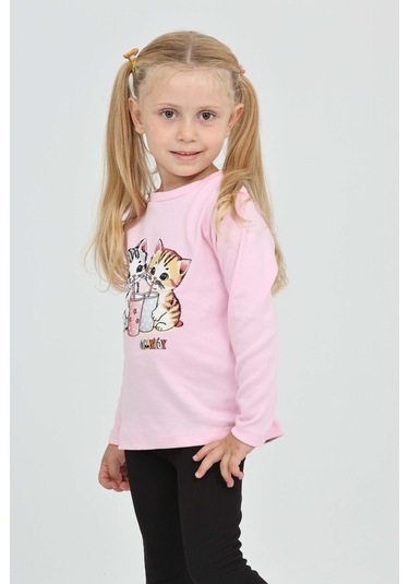 Toontoy Kız Çocuk İkili Kedi Baskılı Sweatshirt Pembe