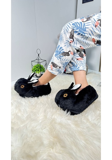 Kadın Panduf Tavşan Figürlü Peluş Ev Botu Desenli Düz Taban Rahat Hafif 359 Siyah