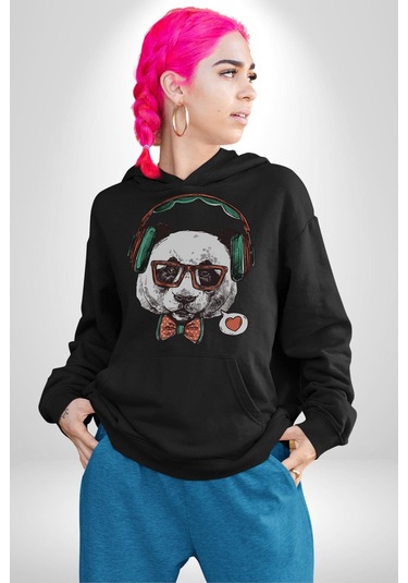 Kulaklıklı Hipster Portre Panda Kadın Erkek Siyah Kapüşonlu Sweatshirt Hoodie Siyah