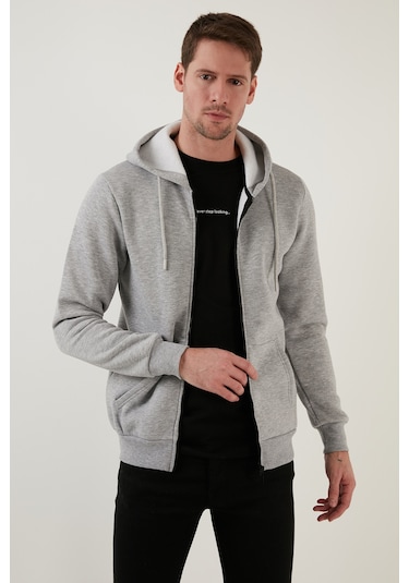 Buratti Regular Fit Kapüşonlu Fermuarlı Içi Tüylü Yumuşak Şardonlu Kışlık Erkek Sweat 5905340 Gri Melanj