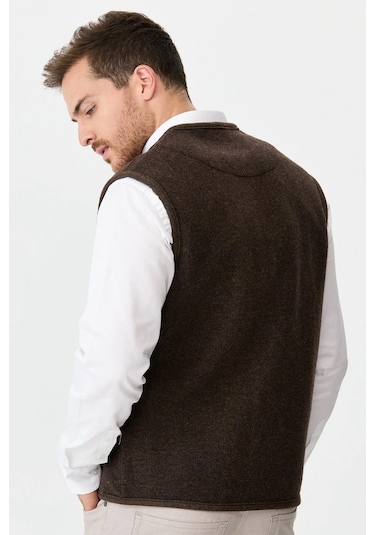 Desen Triko Erkek V Yaka Keçe Aksesuarlı Pike Dokuma Yün Yelek 02422569 Koyu Kahve Koyu Kahve