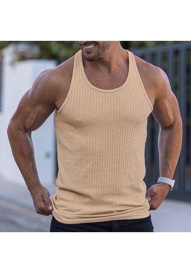 Novahub Haki Su Erkek Düz Renk Sıkma İlkbahar/yaz Örgü Dikey Şerit Vücut Geliştirme Fitness Yelek Erkek I-line Yelek - L Haki