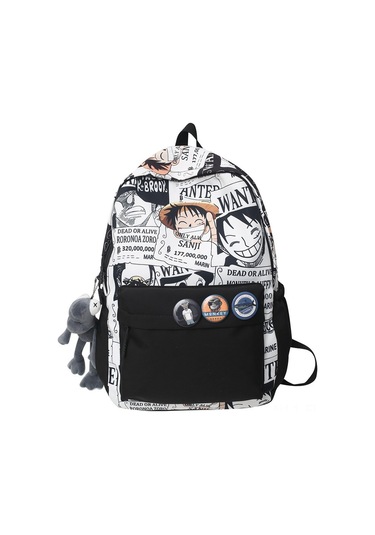 Lemestar Erkek Kız Üniversite Ortaokul Çanta, One Piece Kartoon Desenli, Ins Stilinde Geniş Hacimli, Outdoor Seyahat Sırt Çantası Siyah + Gri Kurbağa Askılımlı Siyah