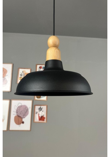 Veluna Siyah Boncuk Kalın Ahşap Başlık Tekli Avize Retro Sarkıt Ofis Showroom Salon Mutfak Avizeleri Siyah