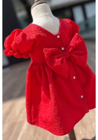 Krep Kabartma Desenli Kız Çocuk Bebek Kırmızı Elbise 001