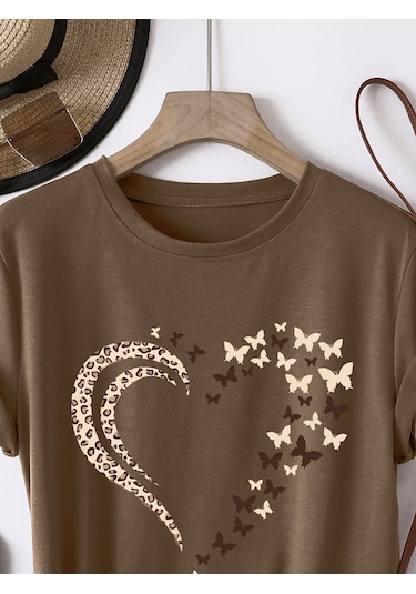 Unisex Leopar Kelebekli Kalp Tasarım Basklı Tshirt Kahverengi