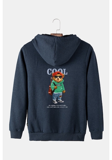 Unisex İndigo Arkası Ayıcık Baskılı Kapşonlu Sweatshirt Indigo