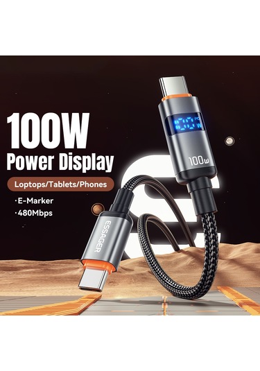 Essager Es-x61 1m Tip-c - Tip-c Kablo 100w Dijital Ekran Telefon Tablet Dizüstü Bilgisayar Hızlı Şarj Veri Kablosu