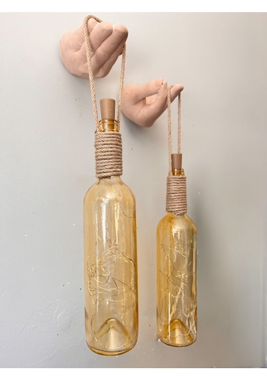 El Figürlü Duvar Lambası Pilli Led Işıklı Dekoratif Vitray Boyalı Cam Şişe Aydınlatma Vintage El Sarı Işık