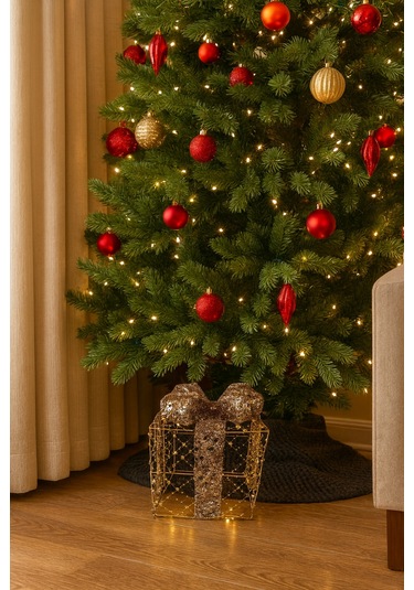 15x15 Cm Yılbaşı Hediye Paketi Metal Süs - Gold Gümüş Payetli Boncuklu Lüks Noel Ağaç Altı Dekorasyonu Diğer