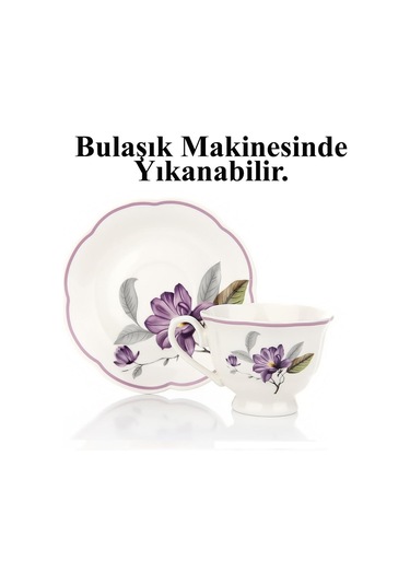 Türk Kahvesi Takımı 2 Kişilik Porselen Mor Çiçek Desenli 90 Ml Beyaz
