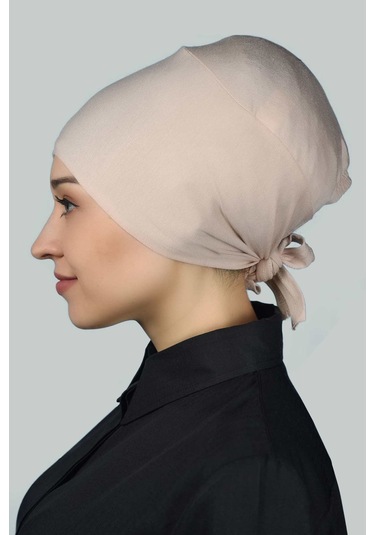 Altobeh Kadın Pratik Dikişsiz Bağcıklı Kaymayan Tesettür Penye Bone - Bej