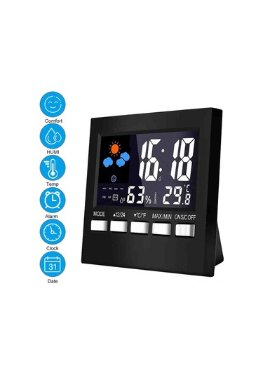 Leezsing Ev İçin Siyah Renkli Lcd Ekranlı Hava Durumu İzleyici - Sicaklık, Nem Ölçer, Saat Ve Alarm Fonksiyonu Sn192 Modeli, Pil Dahil Değil