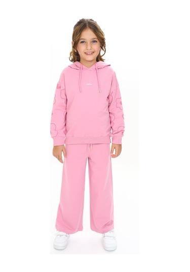 Toontoy Kız Çocuk Kapüşonlu Kol Çiçek Baskılı Eşofman Takım Gül Kurusu
