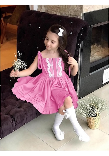 Kız Çocuk Dantel Detaylı Pembe Elbise Pembe