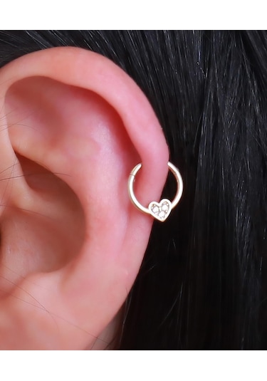 14 Ayar Altın Taşlı Kalp Halka Tragus Piercing Sarı Altın