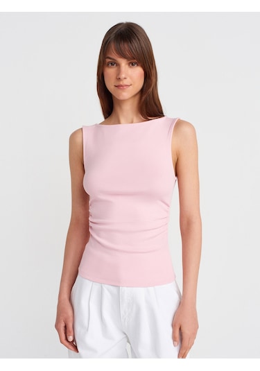 Dilvin 31589 Büzgülü Kayık Yaka Top-toz Pembe Toz Pembe
