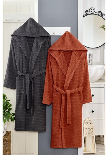 Doğa Serisi Aile Bornoz Seti 2li Set Antrasit Kiremit Antrasit - Kiremit
