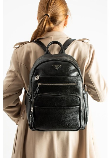 Vegan Deri Kadın Sırt Çantası 35 25 Cm Yağmur İtici Kumaş Mega Bag Günlük Kullanıma Uygun Siyah