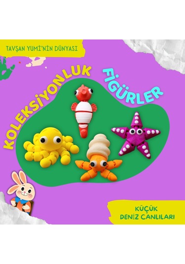 Tavşan Yumi Küçük Deniz Canlıları Koleksiyonu- 4 Parça 5-7 Cm Hareketli Oyuncaklar Ve Bilgilendirici Kartlar "