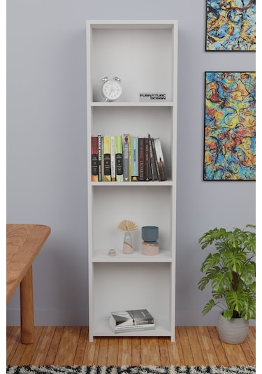 5 Raflı Kitaplık Arkalıklı Dar Raf Kütüphane 170 Cm Beyaz
