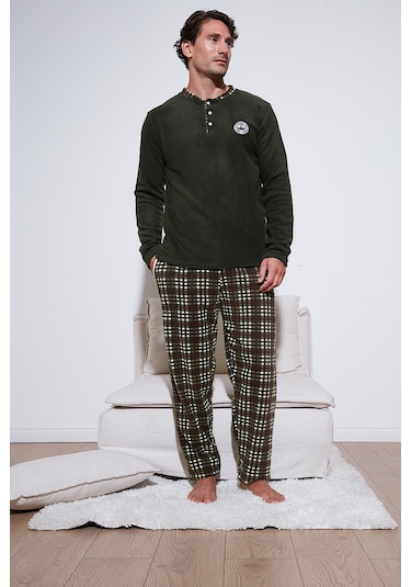 Buratti Regular Fit Bisiklet Yaka Kışlık Yumuşak Dokulu Polar Erkek Pijama Takımı 6096100 Haki