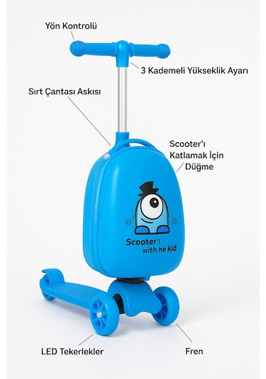 Heybee Luggages Heybee Sevimli Canavar Scooter Mavi Çocuk Valiz Diğer
