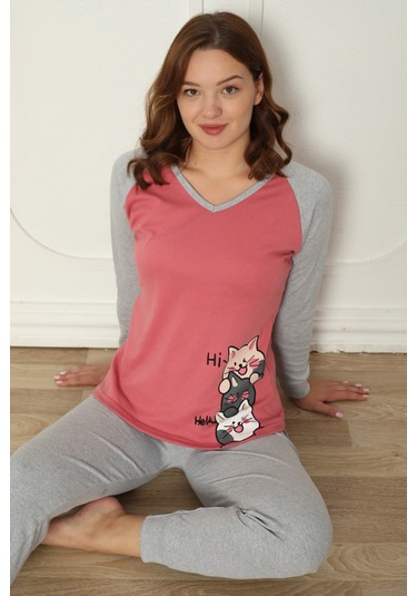 Fawn 04-3024 İnterlok Kumaş Minnoş Kedili Kışlık Ev Kadın Pijama Takımı Pembe