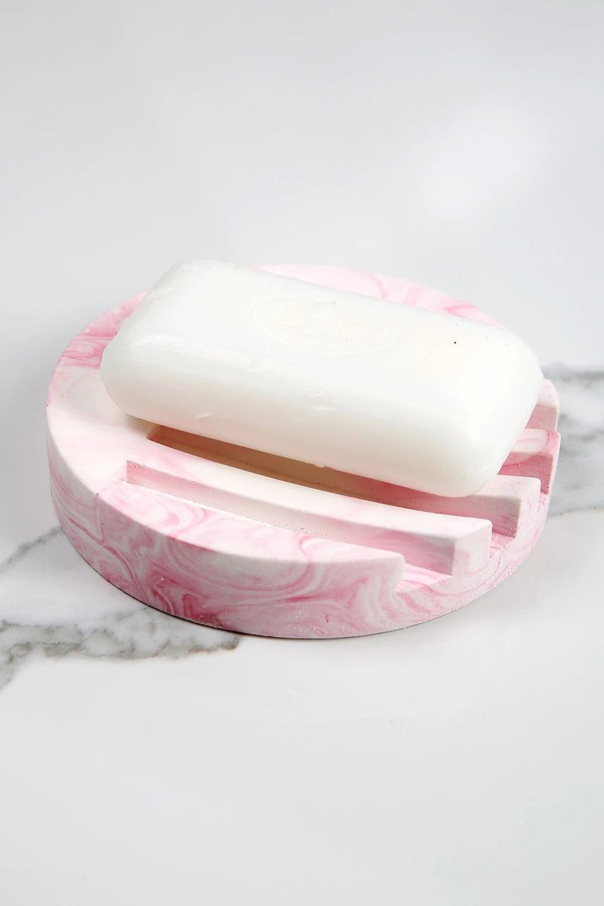 Mermer Desenli Yuvarlak Model Beton Katı Sabunluk Su Giderli 10 Cm Pembe