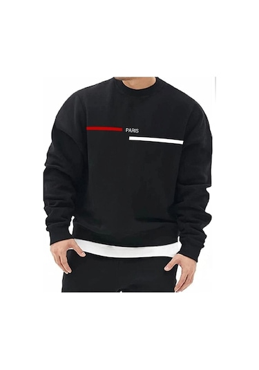 Siyah Oversize Paris Şerit Baskılı Pamuklu Kapşonsuz Bisiklet Yaka Unisex Sweatshirt-trzksw2764 Siyah