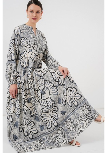 2423 Otantik Desenli Tesettür Elbise - K. Antrasit S