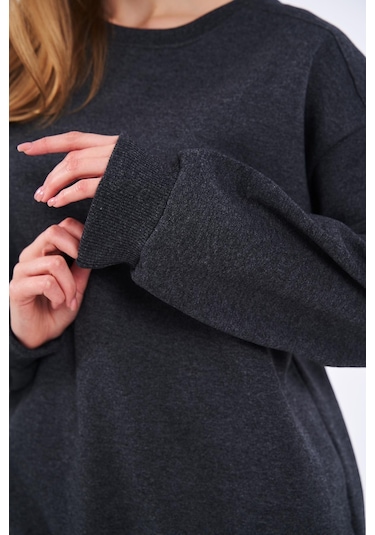Comeor Antrasit Kadın Pamuklu Oversize Basic Bisiklet Yaka Sweatshirt 001