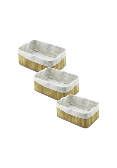 3 Boy Dikdörtgen Bambu Kenar Organizer Sepet Ahşap Altlık - Bezli 13x20-16x24-20x31cm 5365 Çok Renkli
