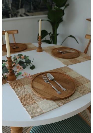 Yakacihome Juta Tarçın 5 Parça 4 Parça Amerikan Servis & 1 Parça Püsküllü Runner Jüt Kumaş Sofra Seti Tarçın